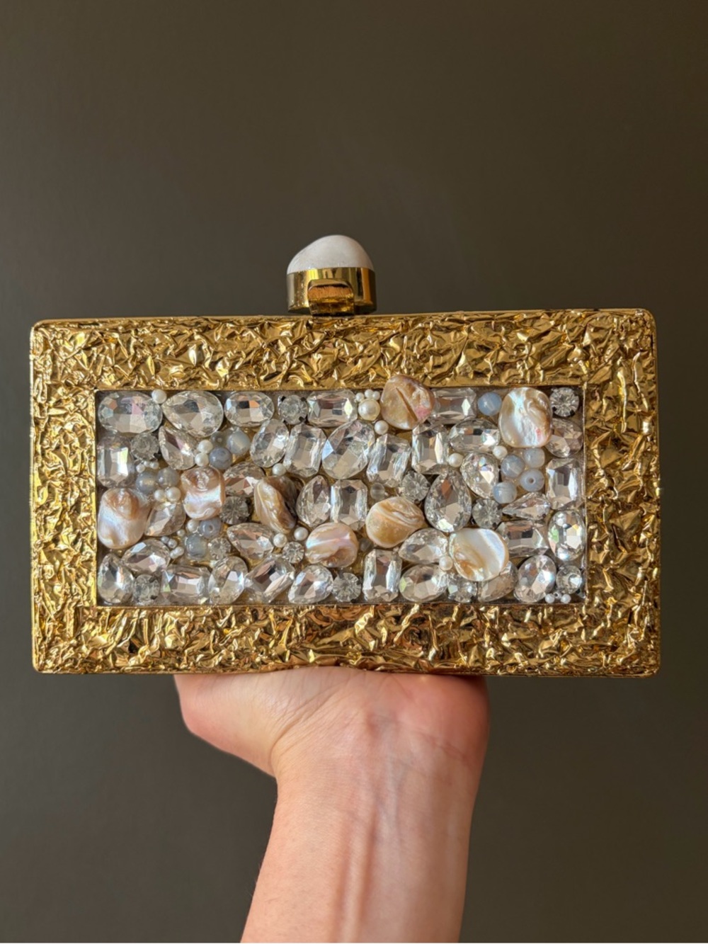 Gold Jeweled Box Clutch with Pearlescent Accents.BRAND NEW comes with a dust bag